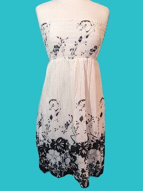 Raviya White With Black Floral Print Strapless Dress Size M Preowned